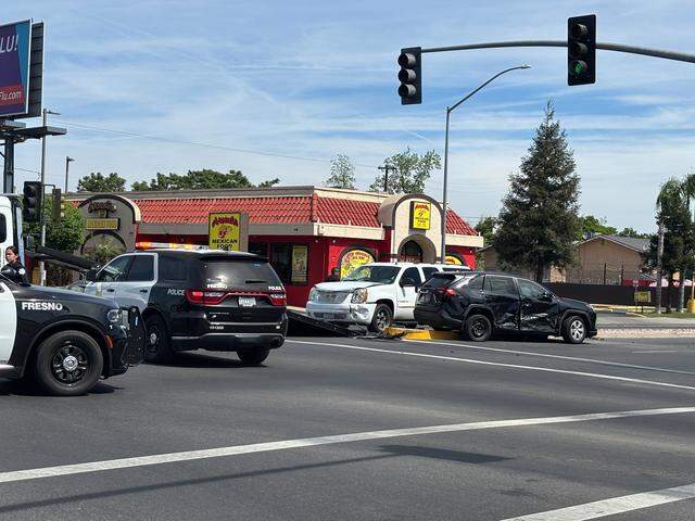 The intersection at Maple and Cesar Chavez in Fresno, California after an officer-involved crash on Thursday, March 26, 2026.